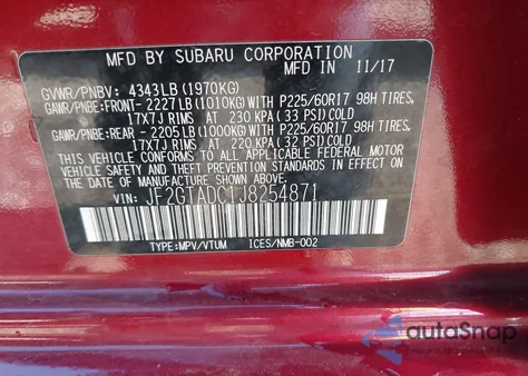 2018 Subaru Crosstrek 2.0I Premium from USA, damaged, VIN JF2GTADC1J8254871